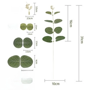 Detailed size chart of artificial green eucalyptus leaf branch with dimensions in centimeters