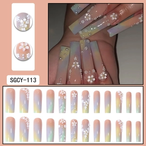 Long coffin press on nails with macaron gradient, 3D white flowers and pearls