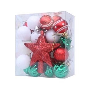 31pcs Christmas tree ornaments set with red star and striped balls in clear box