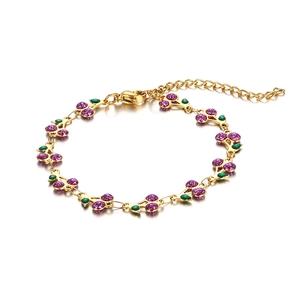 Bohemian 14K gold plated bracelet with purple glitter cherry charms and adjustable chain