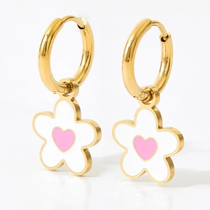 Gold flower hoop earrings with white petals and pink heart charm in stainless steel