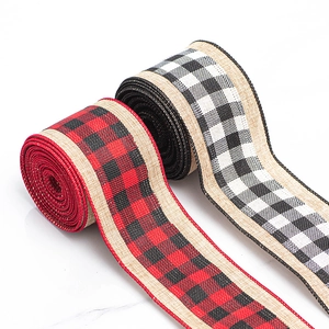 Classic red, black and white plaid linen ribbon with wired edges for Christmas bows