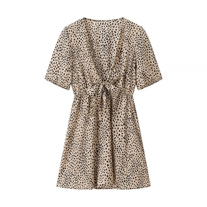 Women's leopard print satin mini dress with deep V-neck and tie waist in apricot