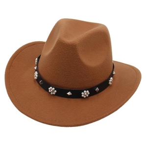Chapeau De Cowboy Occidental Fedora En Feutre De Laine Avec Ceinture De Künstliche Perles Et Rivets Bord Large Style Jazz Rétro