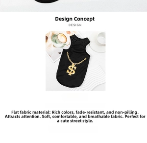 Detail of breathable black pet vest with gold chain and dollar sign street style print