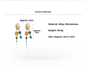 Detailed view of rhinestone drop earrings with 9cm length and weight specifications