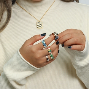 18K gold plated stainless steel checkerboard ring and necklace set for women