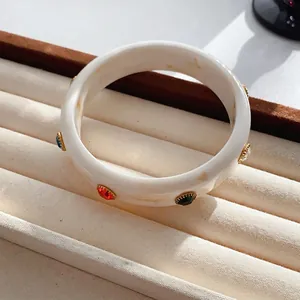 Acrylic bangle with colorful rhinestones on marble pattern resin in vintage style