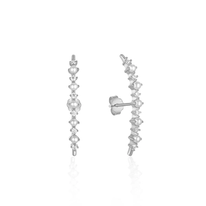 Detailed view of S925 silver half moon earrings featuring white pearls and cubic zirconia