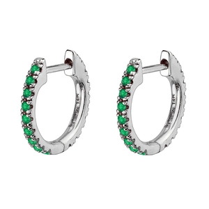 Detailed close-up of silver-tone hoop earrings with green zircon stones and 14K hallmark