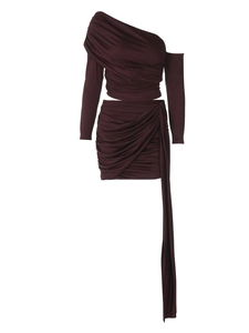 Detail of burgundy ruched two-piece set featuring off-shoulder top and tassel mini skirt