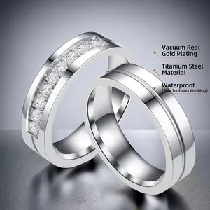 Polished titanium steel couple rings with micro-inlaid zircon and waterproof plating