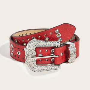 Red crocodile leather belt with silver butterfly diamond buckle and star cutouts