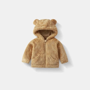 Close-up of brown plush toddler hoodie with 3D bear ears and functional zipper