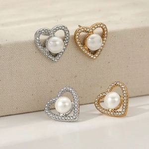 Heart Artificial Pearl Earrings 304 Stainless Steel PVD Gold Plated Pave Rhinestone Elegant Luxury Jewelry For Women