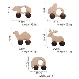 Detailed dimensions and weight for walnut wood animal push cars including bear and elephant