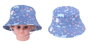 Detail view of light blue kids sun hat with sea life print and white chin strap