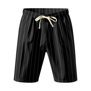 Detail view of men's black linen shorts with white vertical pinstripes and drawstring waist