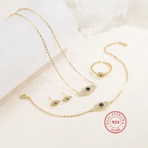 925 Sterling Silver Evil Eye Jewelry Set For Women Blue Stone Rhinestone Necklace Bracelet Open Ring Stud Earrings