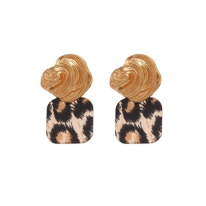 Vintage acrylic square shell stripe drop earrings with gold metal and leopard pattern