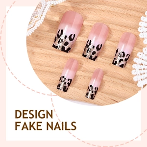 Pink gradient long square fake nails with leopard print pattern and golden glitter accents