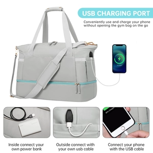 Detail of multi-functional fitness bag featuring a built-in USB charging port for devices