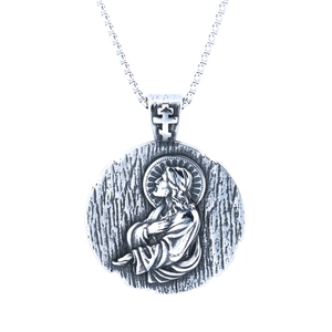 Vintage silver St. Benedict pendant necklace with religious Jesus relief for men and women