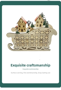 Detailed view of 24 drawers on a wooden sled advent calendar with LED village scene