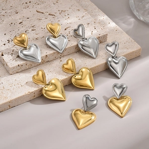 Heart Drop Earrings Double Heart Dangle Women Bicolor Polished Metallic INS Style With Stainless Steel Earring Post