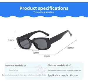 Detailed dimensions of kids square black sunglasses with PC frame and UV protection lens