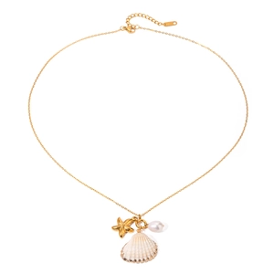 Collana marina con stella marina dorata, conchiglia e ciondolo di perla su catena