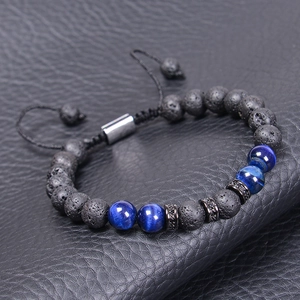 Men's 8mm blue tiger eye and lava stone beaded bracelet with adjustable braided cord