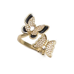 Adjustable gold open ring featuring black enamel and pavé zircon butterfly motifs