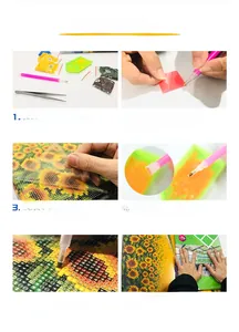 Detail view of DIY diamond painting kit with sunflower pattern and 6-step tool usage guide