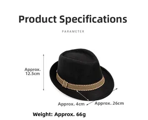 Detailed view of breathable black linen jazz hat with dimensions and striped ribbon band
