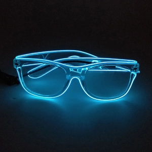 Blue LED light-up glasses with transparent frames for music festivals and night parties