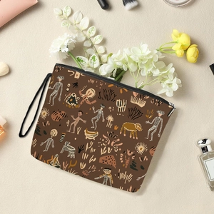Abstract camel tribal print makeup bag with zipper and portable side handle strap
