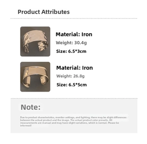 Detailed comparison of two irregular silver iron cuffs with weight and size specifications