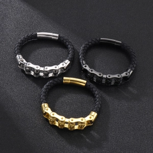 Bracelets homme en cuir et acier titane avec boucle magnétique crâne punk en trois tons