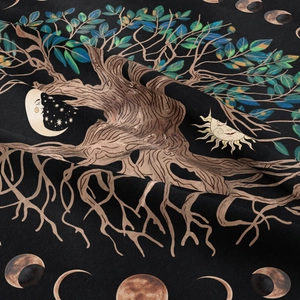 Detail shot of the woven texture and bohemian life tree pattern on the wall tapestry