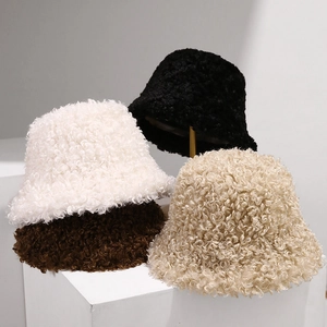 Women Faux Lamb Wool Bucket Hat Warm Thick Curly Plush Retro Fisherman Cap Winter Windproof Soft