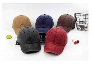 Collection of five vintage washed cotton baseball caps in khaki, navy, coffee, grey, and burgundy