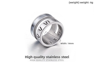 Detail of 14mm wide stainless steel ring with Roman numeral cut-outs and polished finish