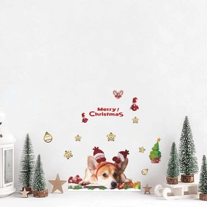 Christmas Wall Stickers PVC Waterproof Corgi Dog Reindeer Antlers Merry Christmas Snowflakes Window Glass Door Home Decor