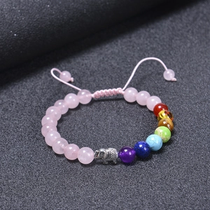 Pink rose quartz elephant bracelet with chakra beads and adjustable woven cord