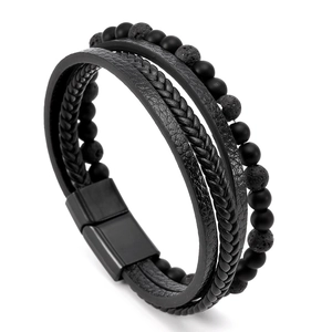 Men's multilayer braided leather bracelet with black beads and magnetic buckle