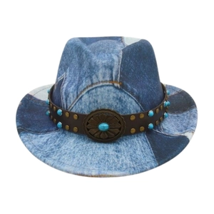 Detail of blue denim fedora with turquoise studs and vintage bronze floral buckle