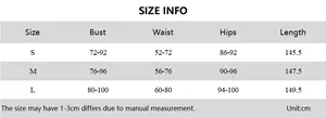 Size guide for the mesh backless deep V dress showing detailed CM measurements and sizing info