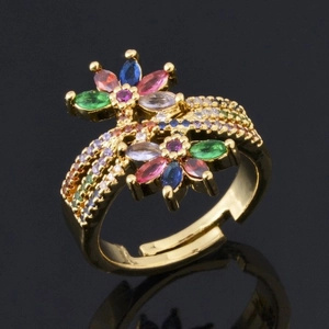 Elegant gold flower ring with colorful cubic zirconia stones and adjustable open band