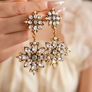 Vintage palace style crystal flower drop earrings with white pearls for women
